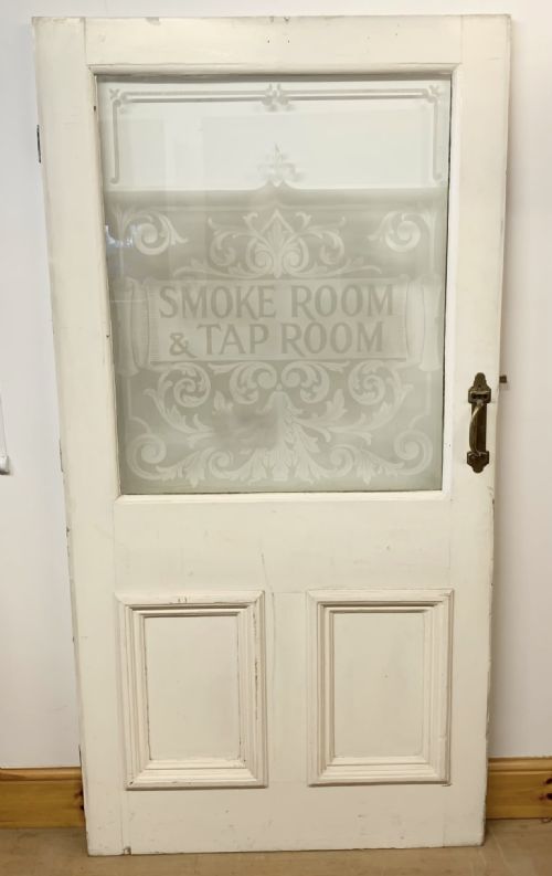 circa 1900 pine door with acid etched glass panel smoke room tap room - CATEGORY: ANTIQUE MISCELLANEOUS - DATED 1900