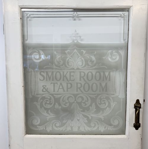 CIRCA 1900 PINE DOOR WITH ACID ETCHED GLASS PANEL SMOKE ROOM TAP ROOM - ADDITIONAL PHOTO 1