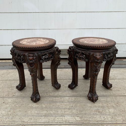 pair of 19th century chinese carved hardwood plant stands side tables with marble top - CATEGORY: ANTIQUE FURNITURE - DATED 19TH CENTURY