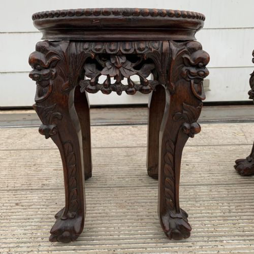 PAIR OF 19TH CENTURY CHINESE CARVED HARDWOOD PLANT STANDS SIDE TABLES WITH MARBLE TOP - ADDITIONAL PHOTO 1