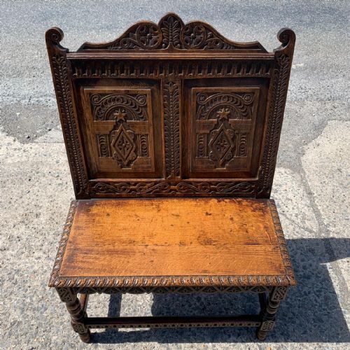 VICTORIAN CARVED OAK HALL BENCH - ADDITIONAL PHOTO 4