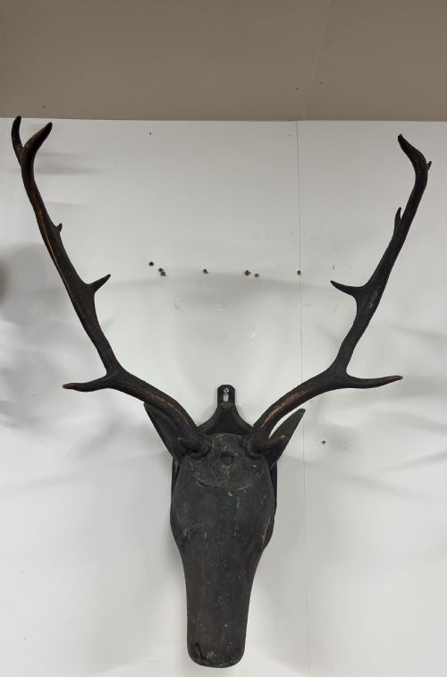 CIRCA 1900 FOLK ART CARVED WOOD STAGS HEAD - ADDITIONAL PHOTO 12