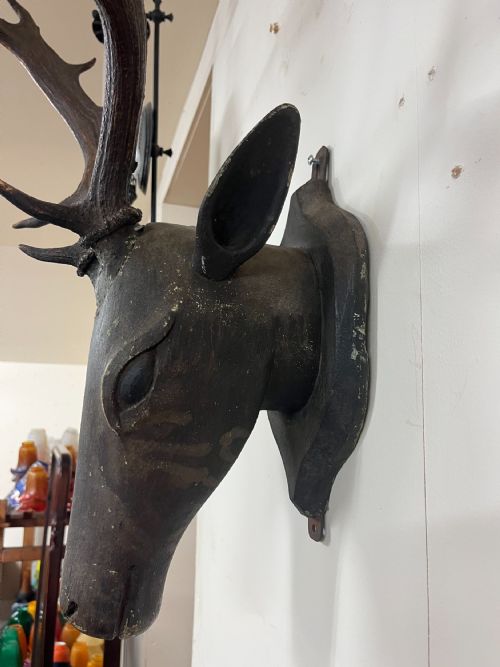 CIRCA 1900 FOLK ART CARVED WOOD STAGS HEAD - ADDITIONAL PHOTO 5