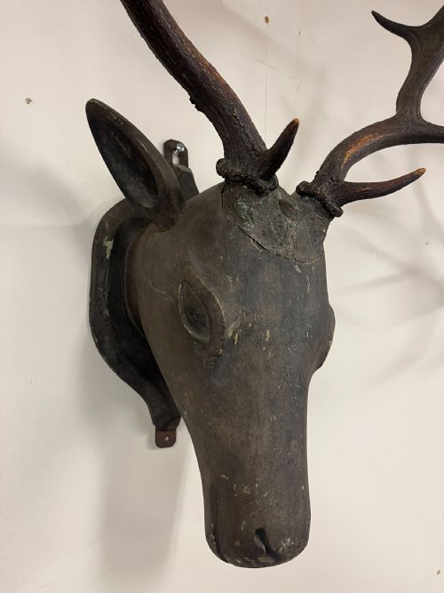 CIRCA 1900 FOLK ART CARVED WOOD STAGS HEAD - ADDITIONAL PHOTO 9