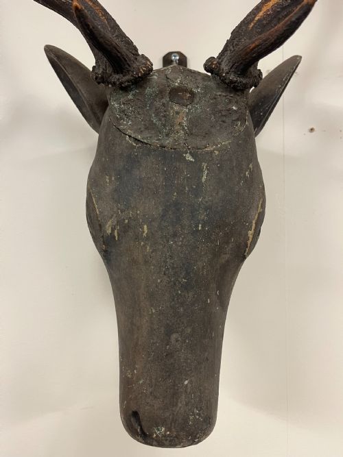 CIRCA 1900 FOLK ART CARVED WOOD STAGS HEAD - ADDITIONAL PHOTO 10