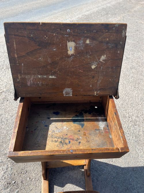 VINTAGE ELM OAK SCHOOL DESK WITH SLIDING TOP - ADDITIONAL PHOTO 2