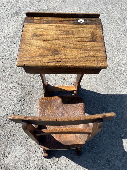 VINTAGE ELM OAK SCHOOL DESK WITH SLIDING TOP - ADDITIONAL PHOTO 4