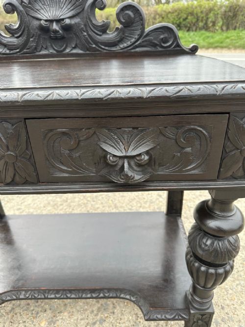 VICTORIAN OAK HALL SIDE TABLE WITH MYTHICAL BEST GREEN MAN MASK DETAIL - ADDITIONAL PHOTO 3