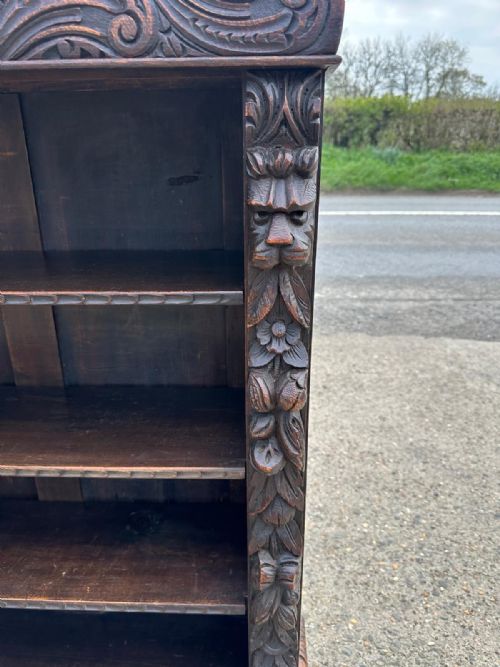 VICTORIAN CARVED OAK OPEN BOOKCASE WITH FOLIATE GREEN MAN MASK CARVINGS - ADDITIONAL PHOTO 2