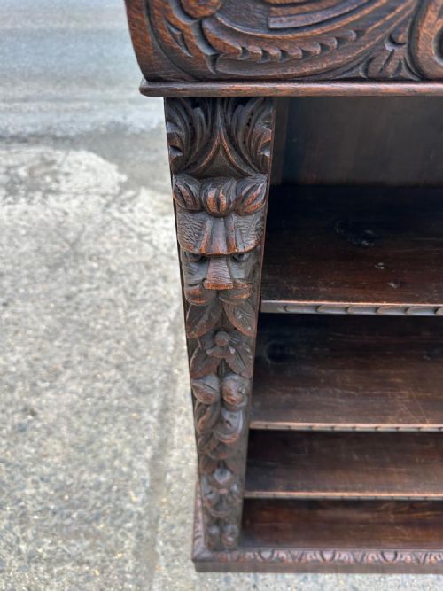 VICTORIAN CARVED OAK OPEN BOOKCASE WITH FOLIATE GREEN MAN MASK CARVINGS - ADDITIONAL PHOTO 6
