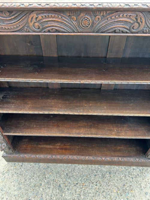 VICTORIAN CARVED OAK OPEN BOOKCASE WITH FOLIATE GREEN MAN MASK CARVINGS - ADDITIONAL PHOTO 9