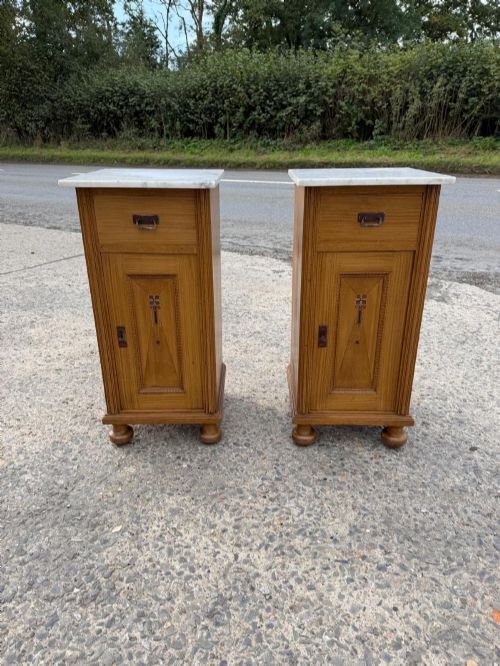Pair of C1900 East European Original Painted Pine Bedside Cabinets with Marble Tops