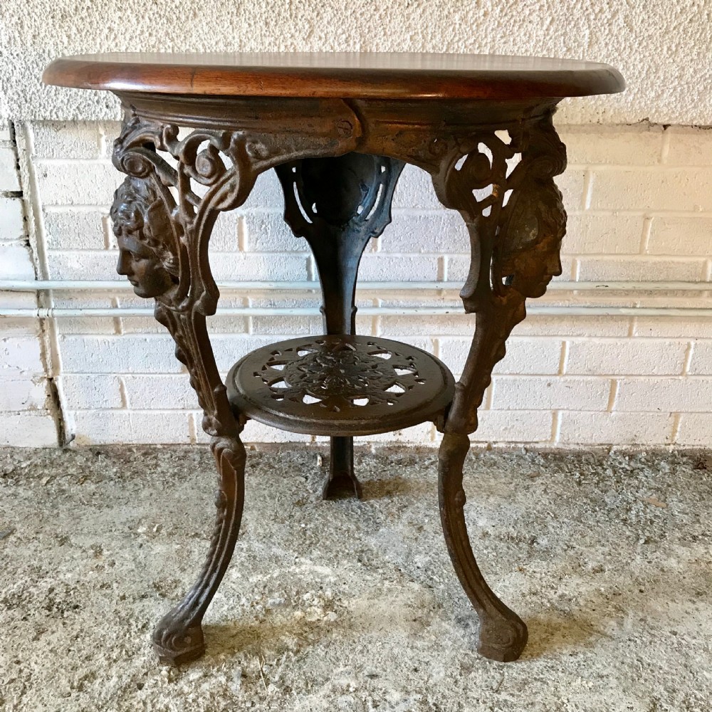 Victorian Cast Iron Pub Table with Original Mahogany Top