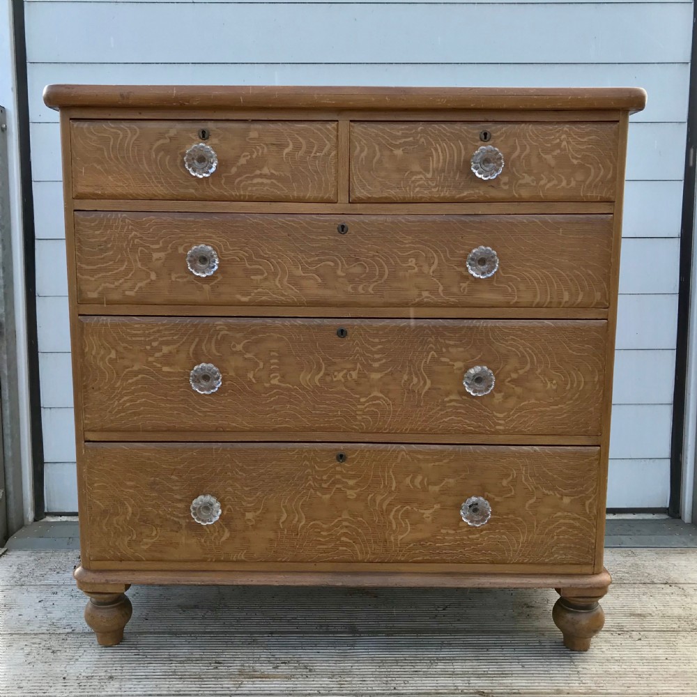 Victorian Pine Chest of Drawers with Original Oak Grain Paint Effect and Original Glass Knobs 