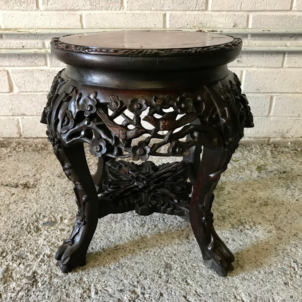 Late 19th Century Chinese Carved Hardwood Plant Stand with Marble Inset to Top 