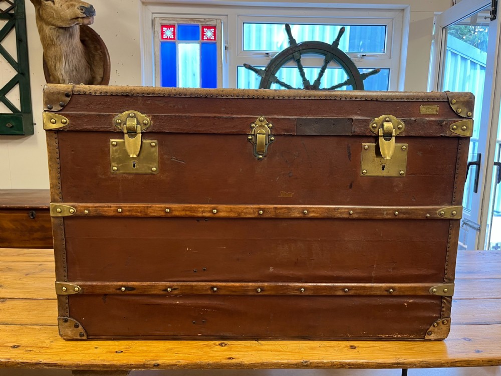 Circa 1900 Canvas Covered & Wood Bound Travelling Trunk