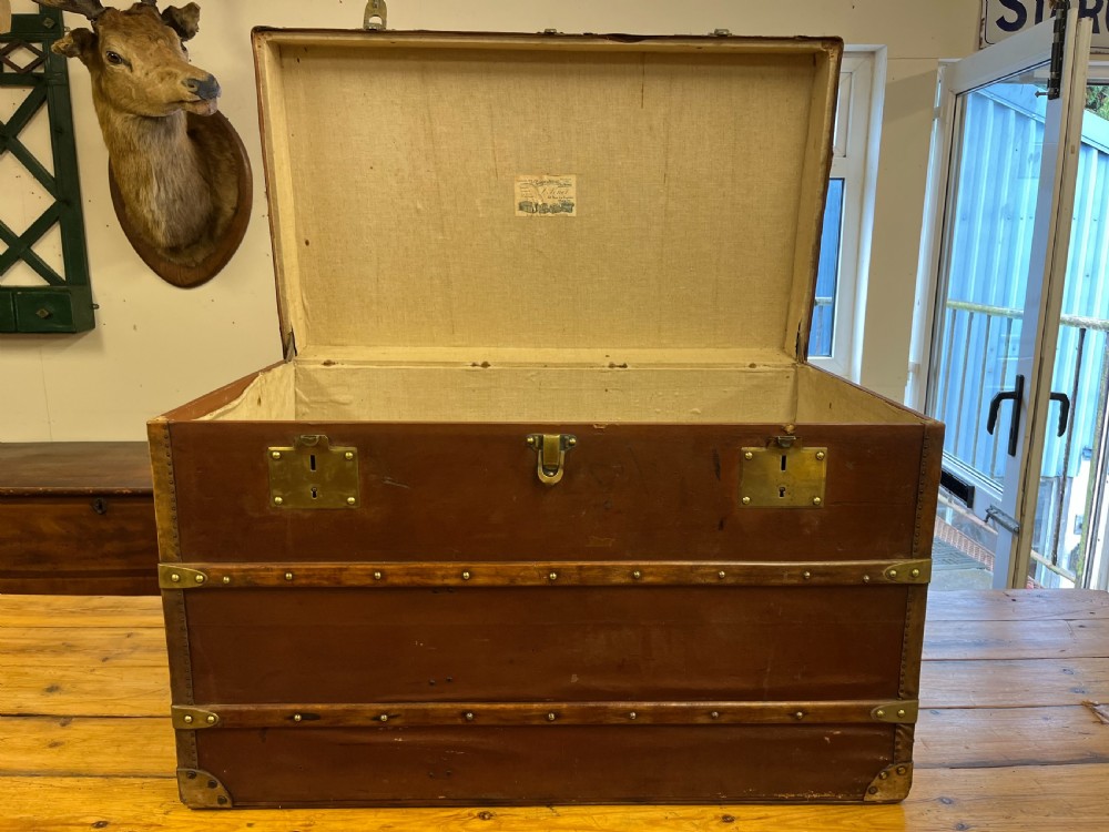Circa 1900 Canvas Covered & Wood Bound Travelling Trunk View IV