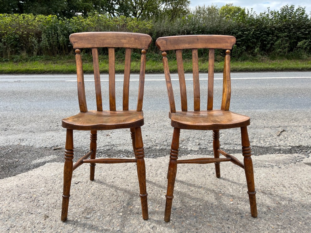 Pair of Victorian Slat Back Kitchen Chairs, Elm & Beech 