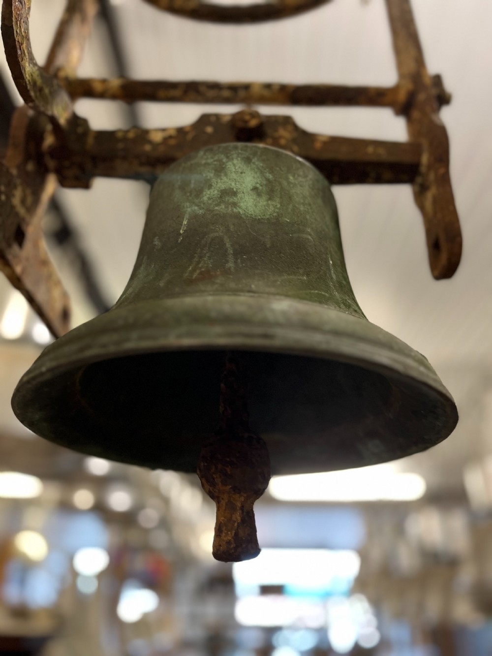 19th Century Bronze School Bell on Wrought Iron Bracket View III