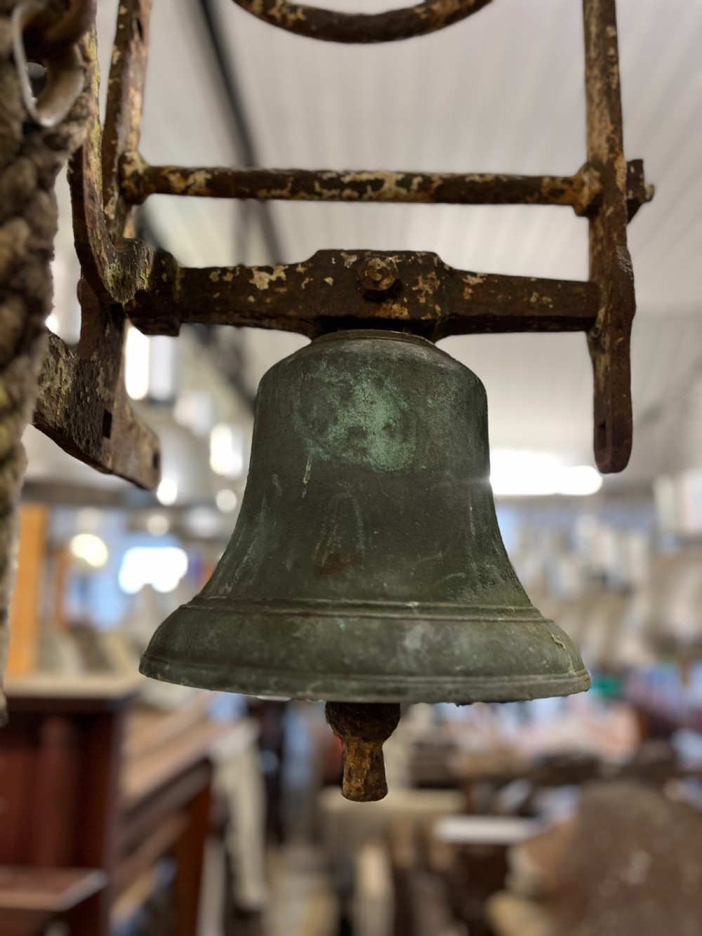 19th Century Bronze School Bell on Wrought Iron Bracket View II