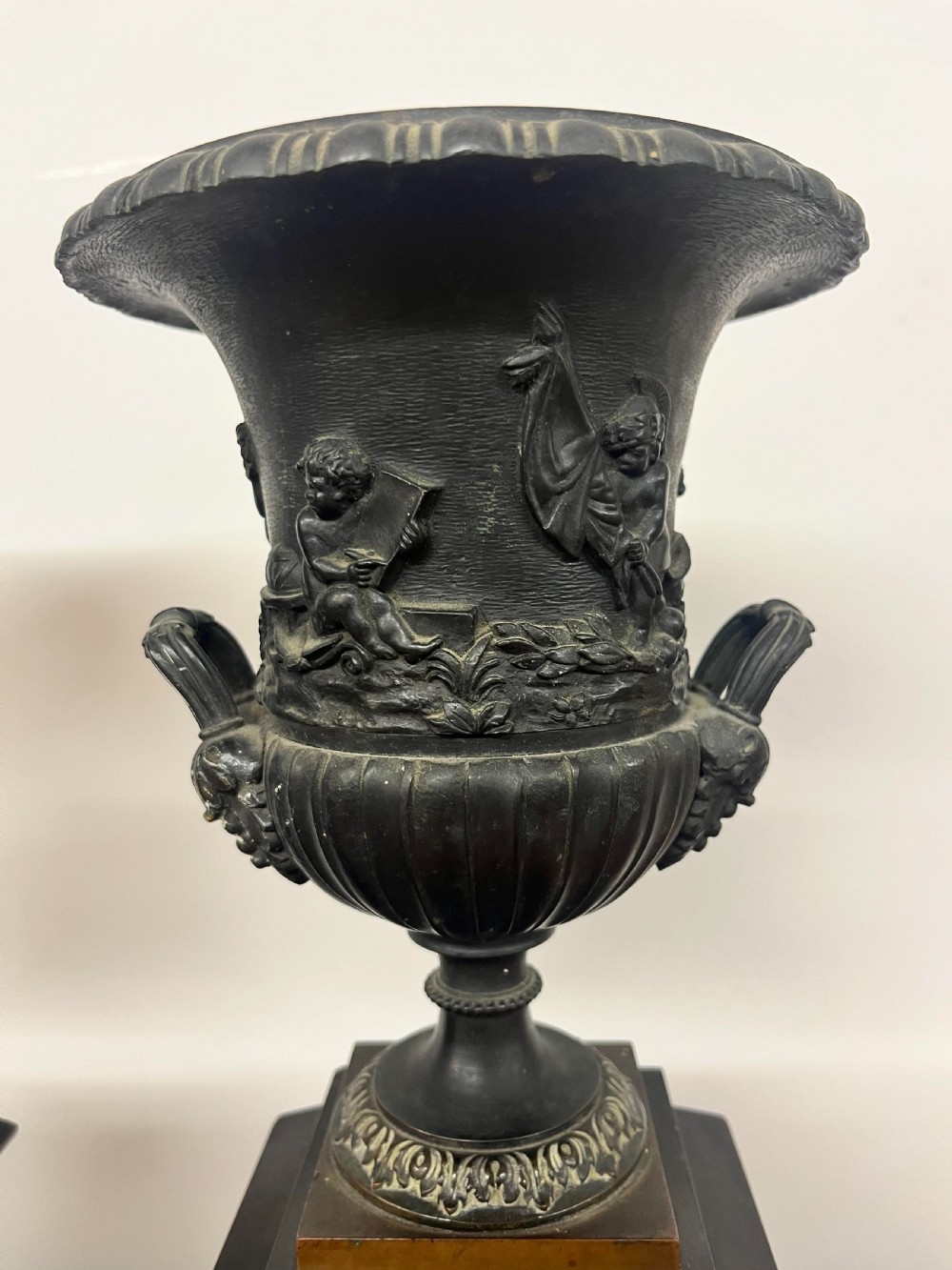 A Pair of Bronze Urns on Marble Plinths View VI