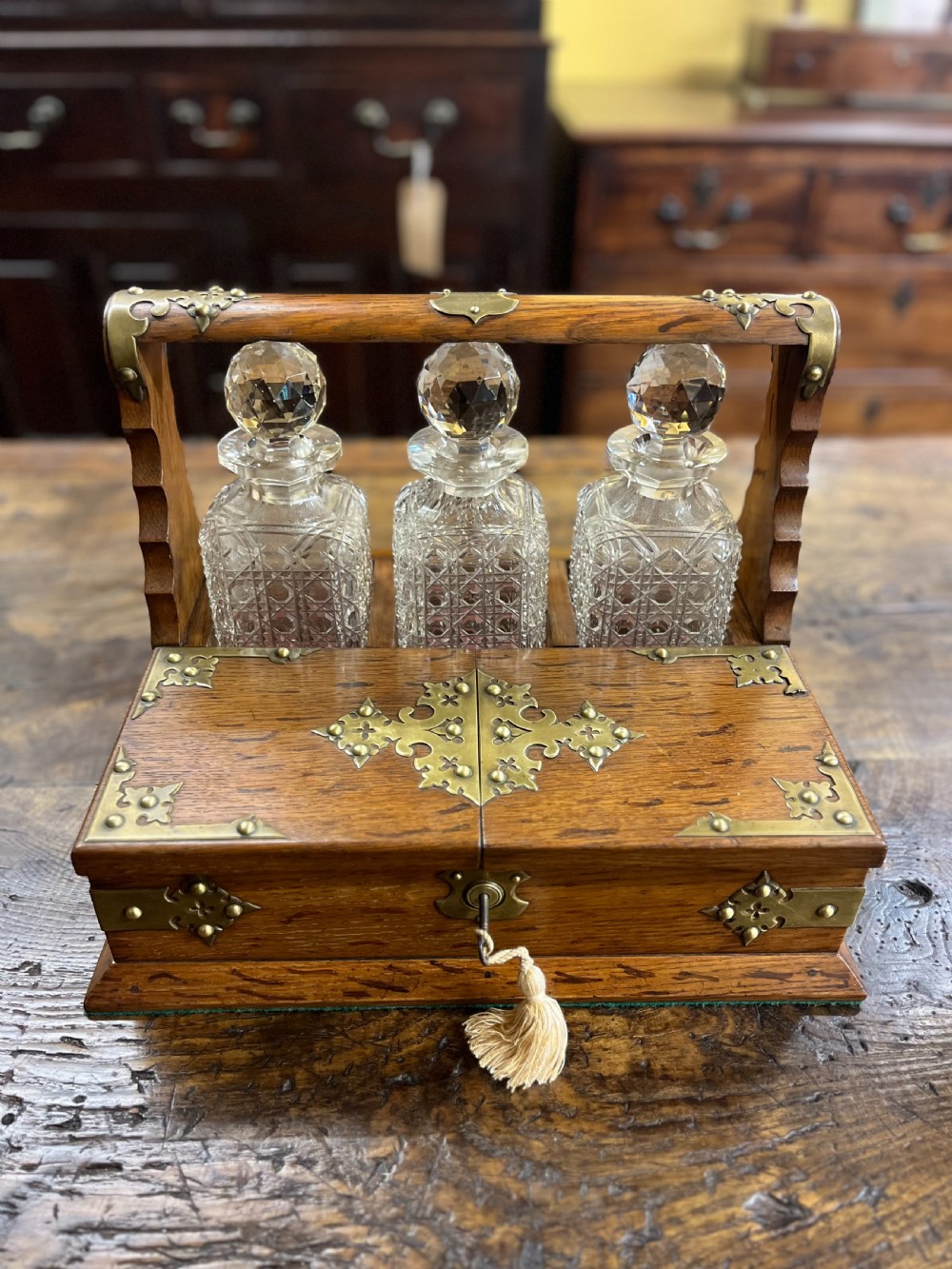 Victorian Oak Tantalus with Three Cut Glass Decanters