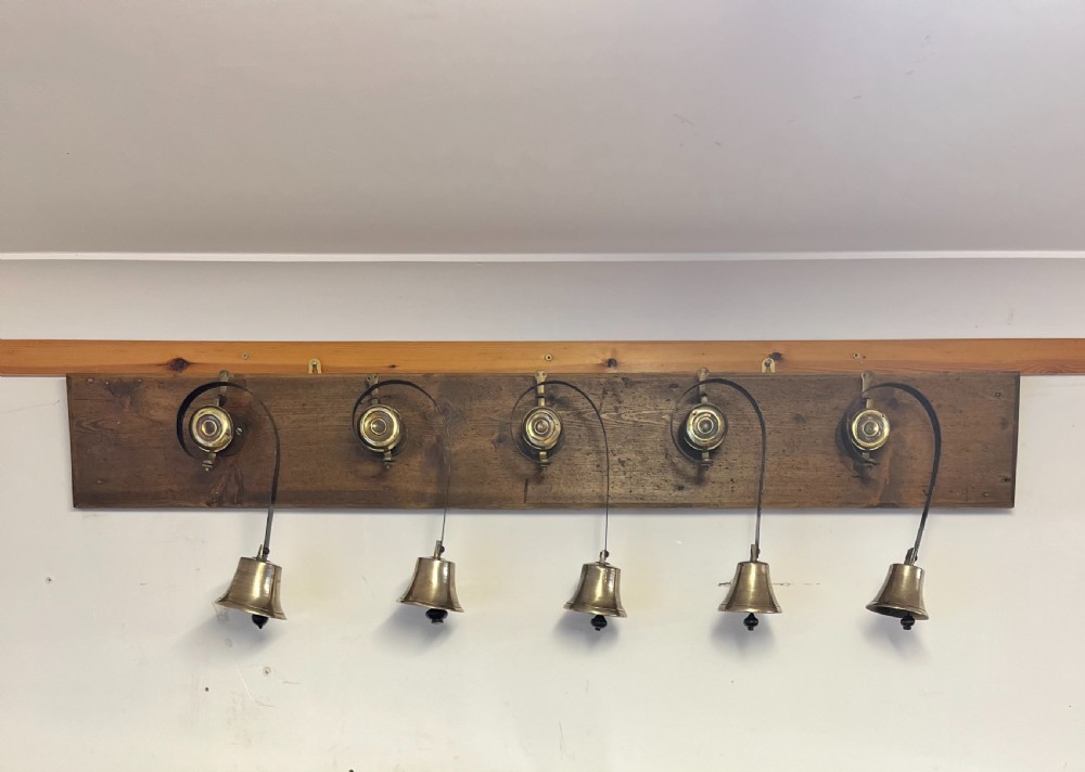 Set of 5 Victorian Servants Bells Mounted on Associated Pine Board