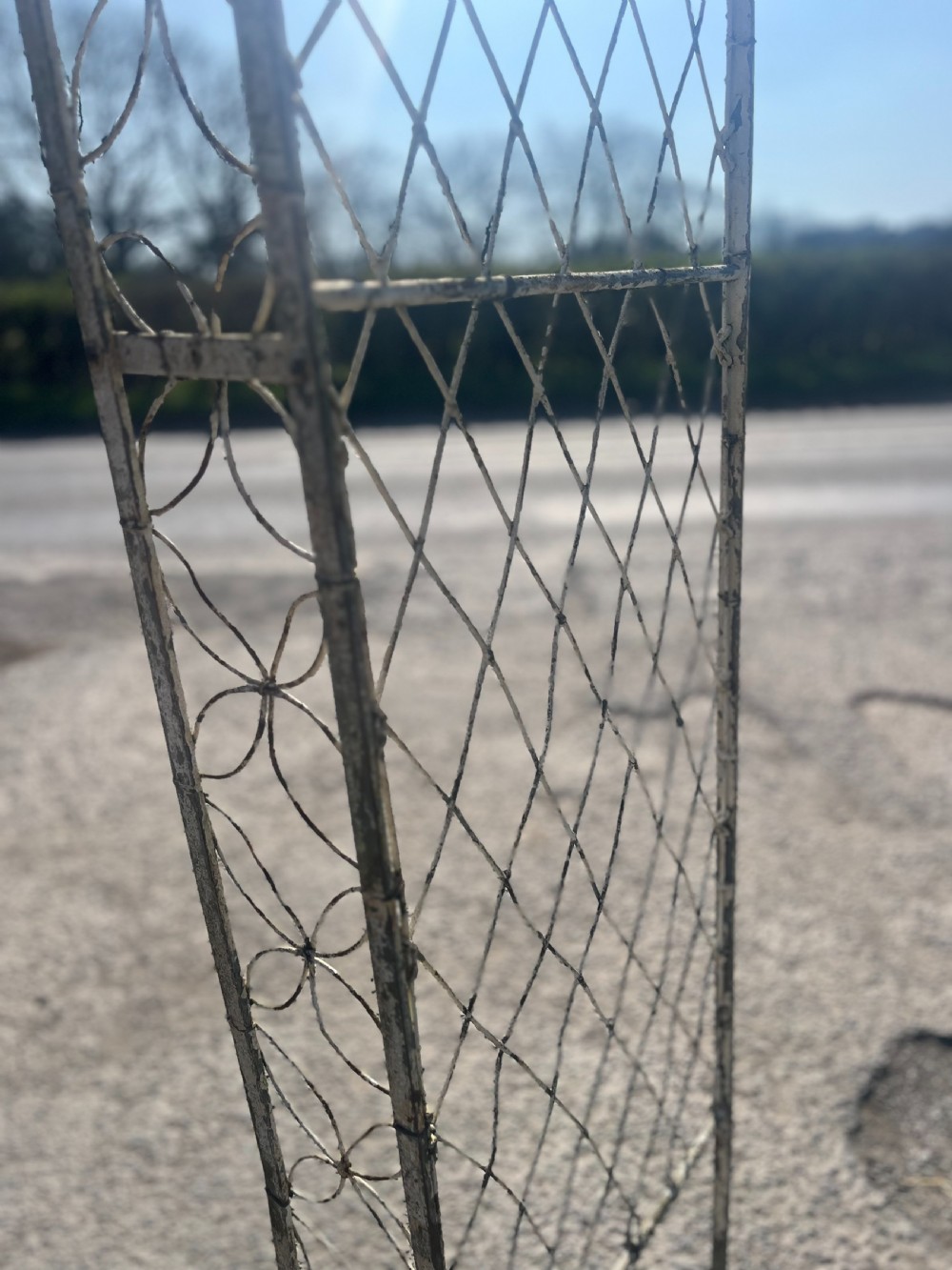 A tall early 20th-century wrought iron garden arch featuring interlocking circular side panels, a wirework canopy, and a weathered cream painted finish. View VIII