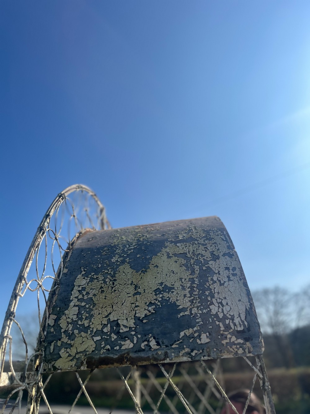 A tall early 20th-century wrought iron garden arch featuring interlocking circular side panels, a wirework canopy, and a weathered cream painted finish. View XI
