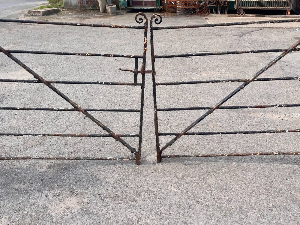 A pair of black 19th-century wrought iron garden gates featuring horizontal bars, diagonal cross braces, and scrolled top terminals. View XII