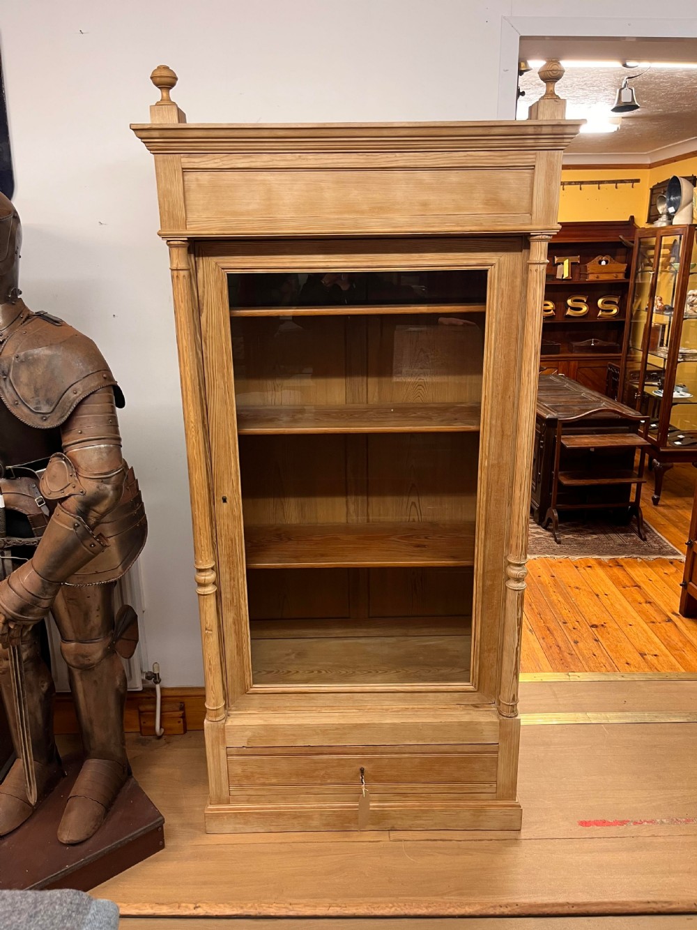 Circa 1900 Pine Display Cabinet with Glazed Door & Single Drawer to Base