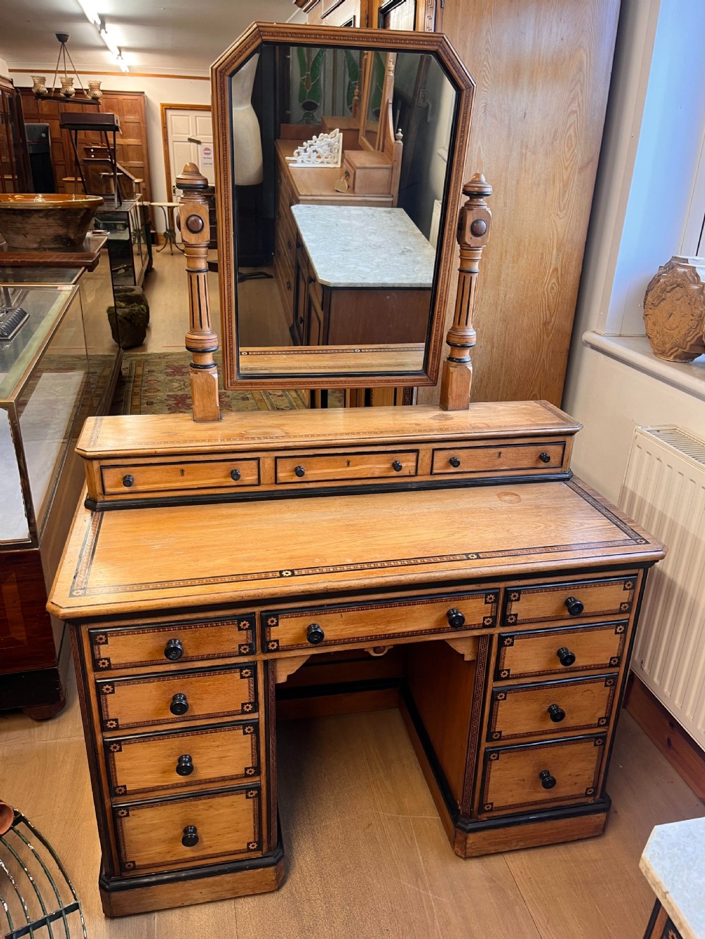 A.W. Taylor and Sons Aesthetic Movement Ash Dressing Table with Painted Geometric Detail View XIV