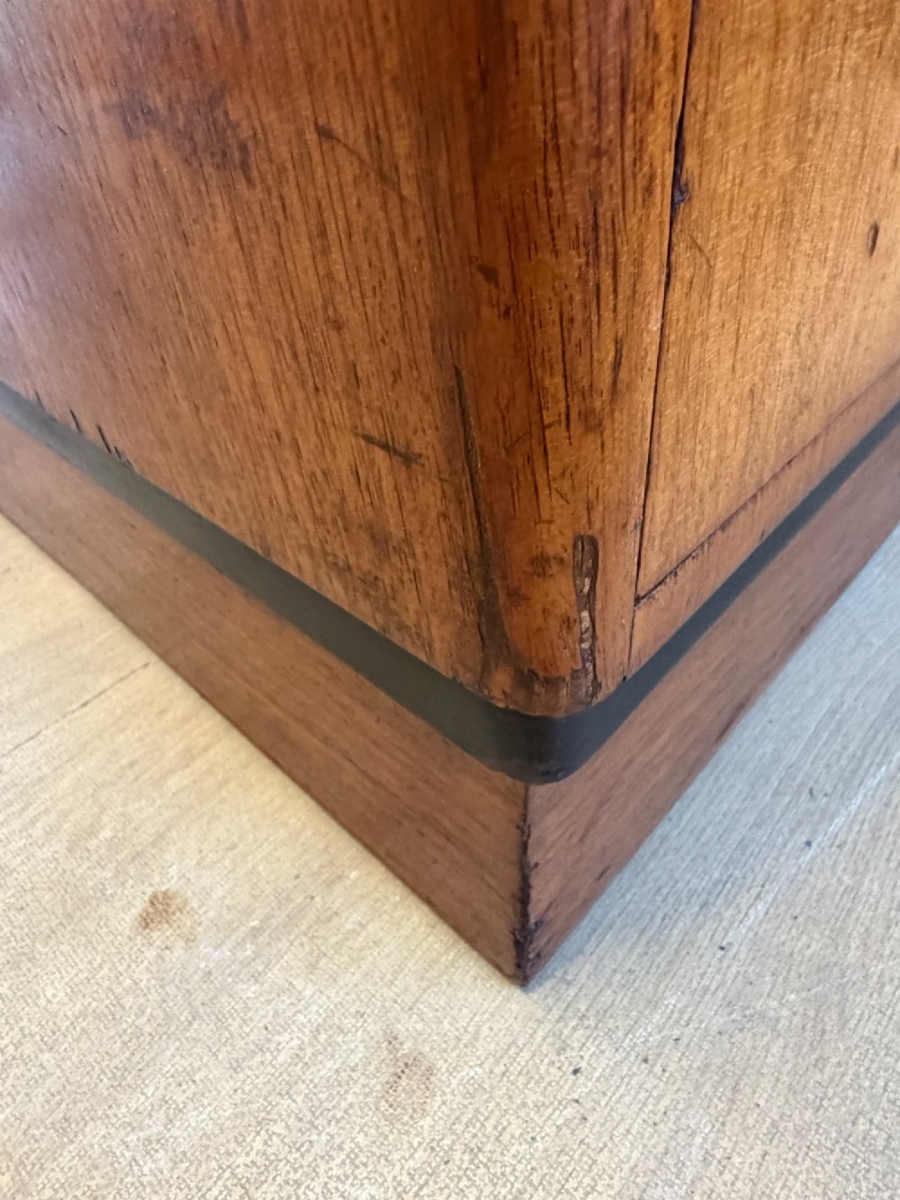 A large Art Deco walnut partner desk featuring a brown leather inset top and black horizontal drawer handles. View IV