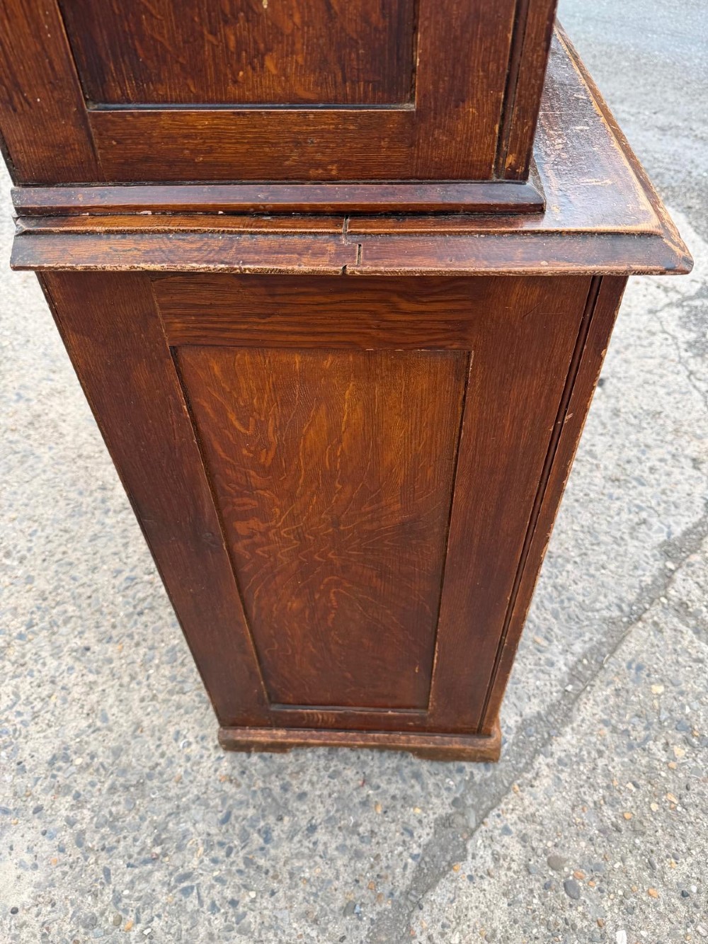 A dark stained Victorian pine dresser featuring a three-door glazed upper display cabinet over a base with three central drawers and two panelled cupboard doors. View XIV