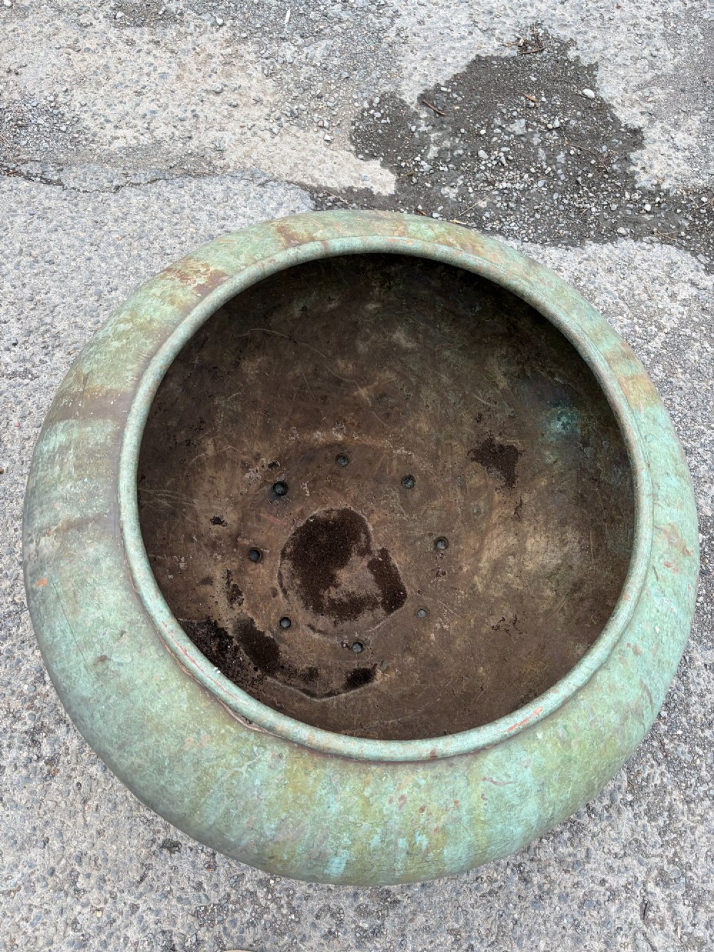 A large bulbous 19th-century copper pot featuring a rolled rim and a heavily weathered verdigris patina. View III