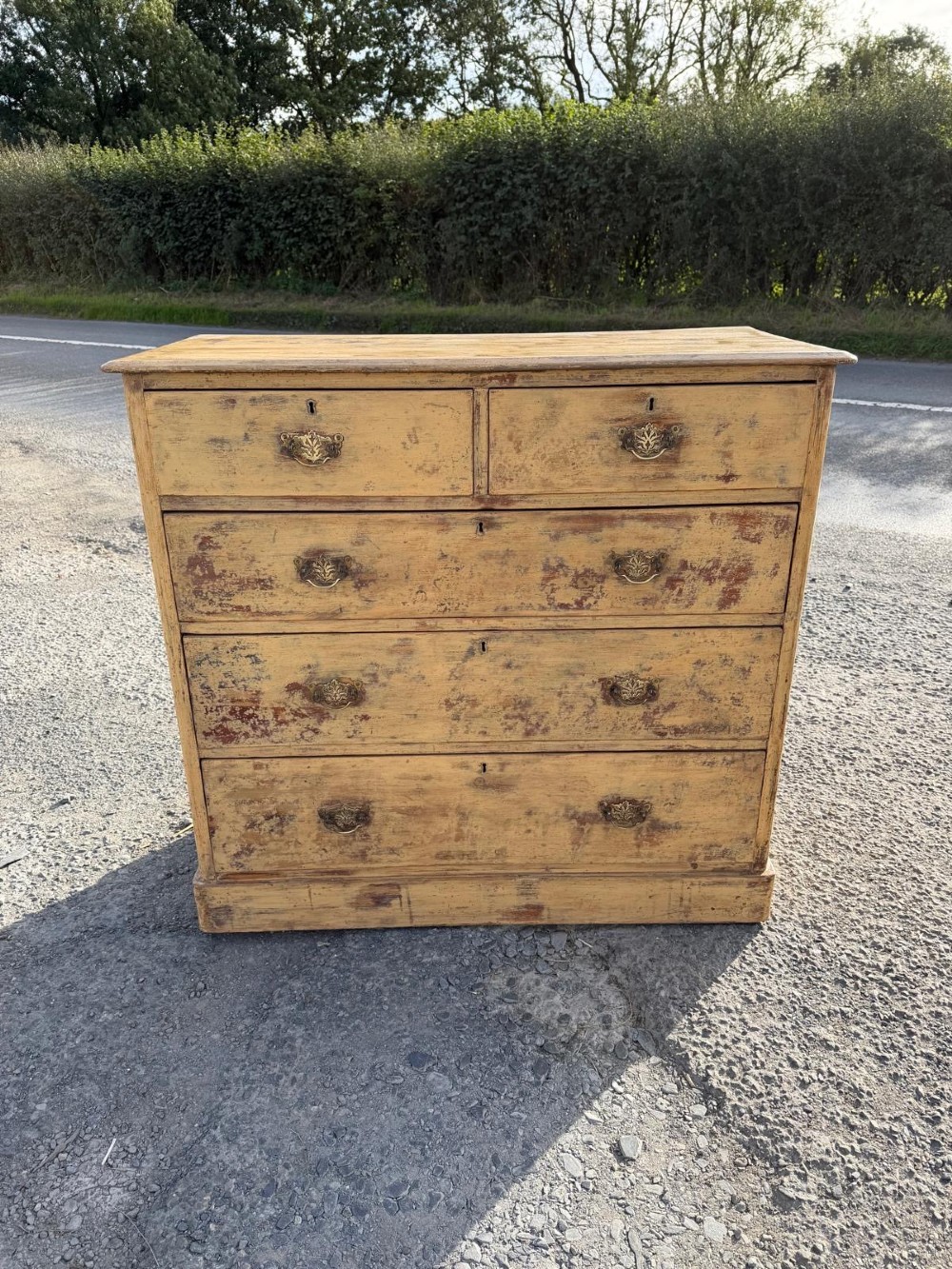 A Victorian painted pine chest of drawers in a two over three drawer layout with brass drop handles and distressed original yellow paint.