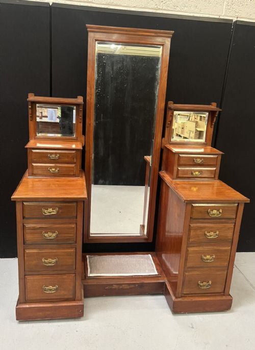 Victorian Mahogany Cheval Mirror Twin Pedestal Dressing Table