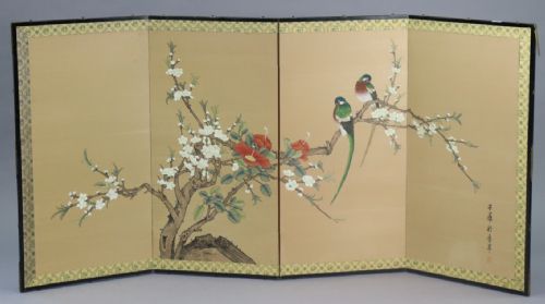 a chinese ebonisedframe fourfold dwarf draught screen with painted foliate silk panels - CATEGORY: ANTIQUE MISCELLANEOUS - DATED 19TH CENTURY