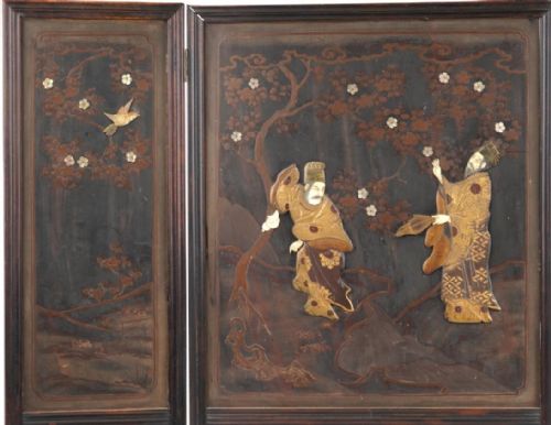 SUPERB JAPANESE HARDWOOD AND LACQUERED THREE FOLD SCREEN WITH BONE INLAY - ADDITIONAL PHOTO 3