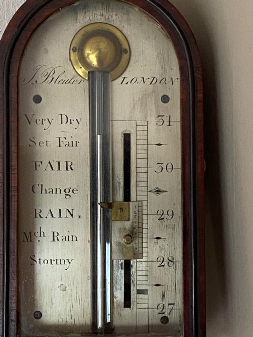 GEORGE III WALNUT AND EBONY INLAID STICK BAROMETER JOHN BLEULER - ADDITIONAL PHOTO 4