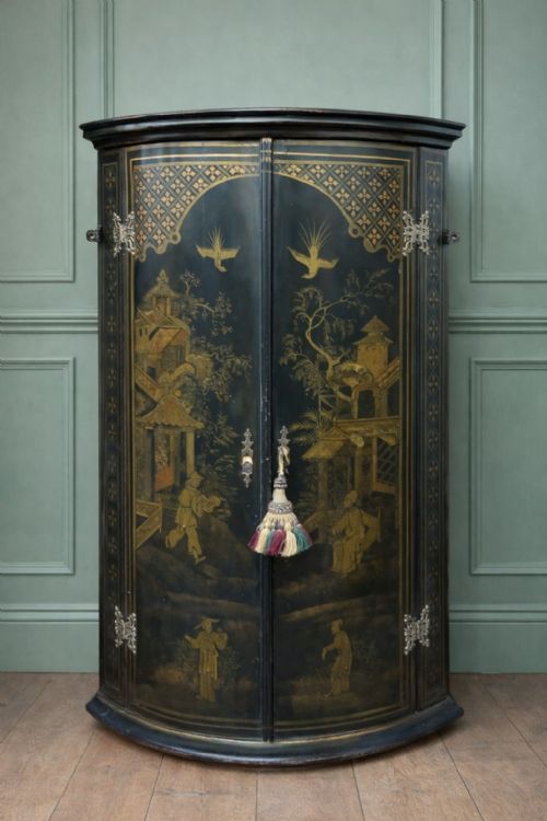 george iii chinoiserie lacquered and gilt decorated bowfront double door hanging corner cupboard - CATEGORY: ANTIQUE CUPBOARDS - DATED 1750