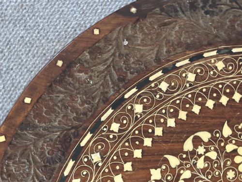 ANGLOINDIAN CIRCULAR CARVED AND BONE INLAID OCCASIONAL TABLE STAMPED LIBERTY CO - ADDITIONAL PHOTO 1