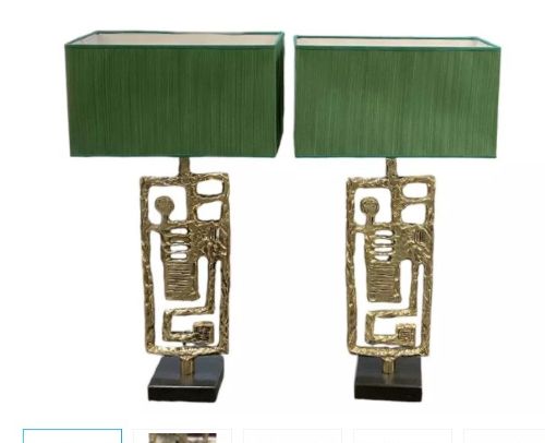 A pair of mid-century Italian abstract cast brass table lamps featuring openwork geometric frames and rectangular green silk lampshades. View II