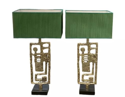 A pair of mid-century Italian abstract cast brass table lamps featuring openwork geometric frames and rectangular green silk lampshades. View III