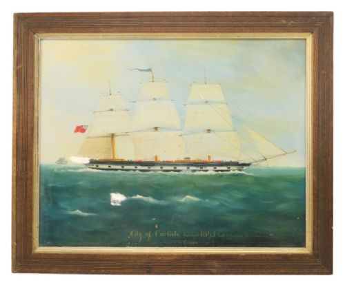 A mid-nineteenth-century marine oil painting depicting a three-masted ship sailing on a choppy sea, enclosed in a moulded wooden frame with a gilt slip. View IV