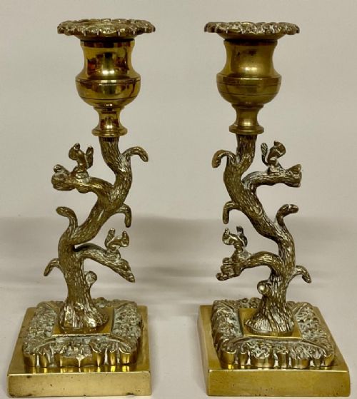 A Pair of Regency Gilt Bronze Sculptural Candlesticks C1820, Each Cast as a Tree with Squirrels Amongst the Branches, Campana Sconces and on Square Bases