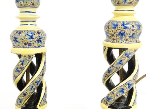 fig 2. A pair of early 20th-century Kashmiri table lamps with open-spiral turned columns hand-painted in blue floral patterns on a cream lacquered ground.