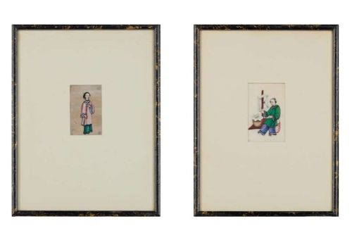 A set of twenty-one framed nineteenth-century Chinese pith paper paintings depicting various figures in traditional Qing dynasty costume, mounted in dark frames. View II