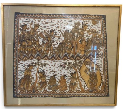 A Large Balinese Kamasan Painting on Textile Depicting Warriors and Deities in Two Registers