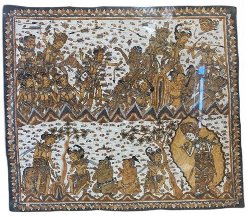 A framed narrative Balinese Kamasan textile painting featuring depictions of figures, warriors, and deities arranged in two horizontal registers using natural ochre and black pigments. View II